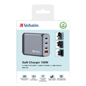 GaN nabíjačka Verbatim 100W, 2xUSB-C PD/USB-A QC 3.0