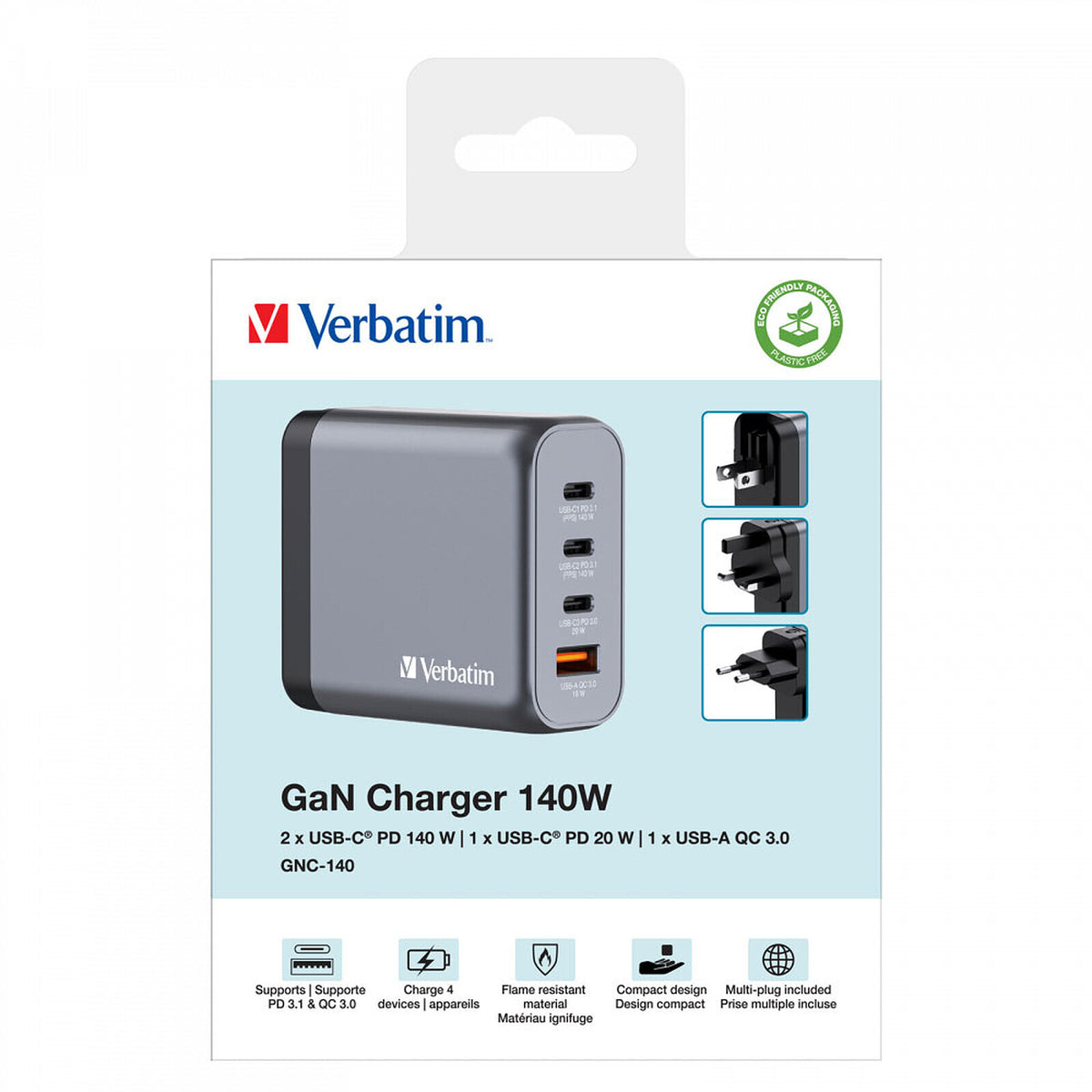 GaN nabíjačka Verbatim 140W, 2xUSB-C PD/USB-A QC 3.0