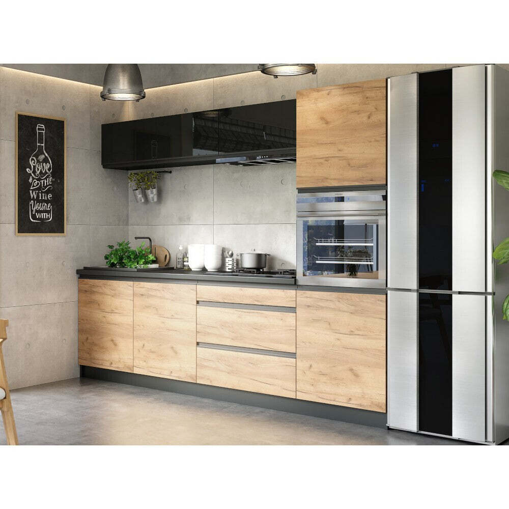 Kuchynská linka Brick 260 cm (čierna vysoký lesk/craft) II. akosť