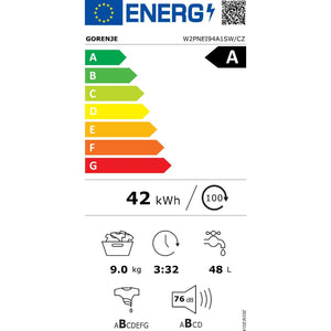 Práčka s predným plnením Gorenje W2PNEI94A1SW/CZ, A, 9kg