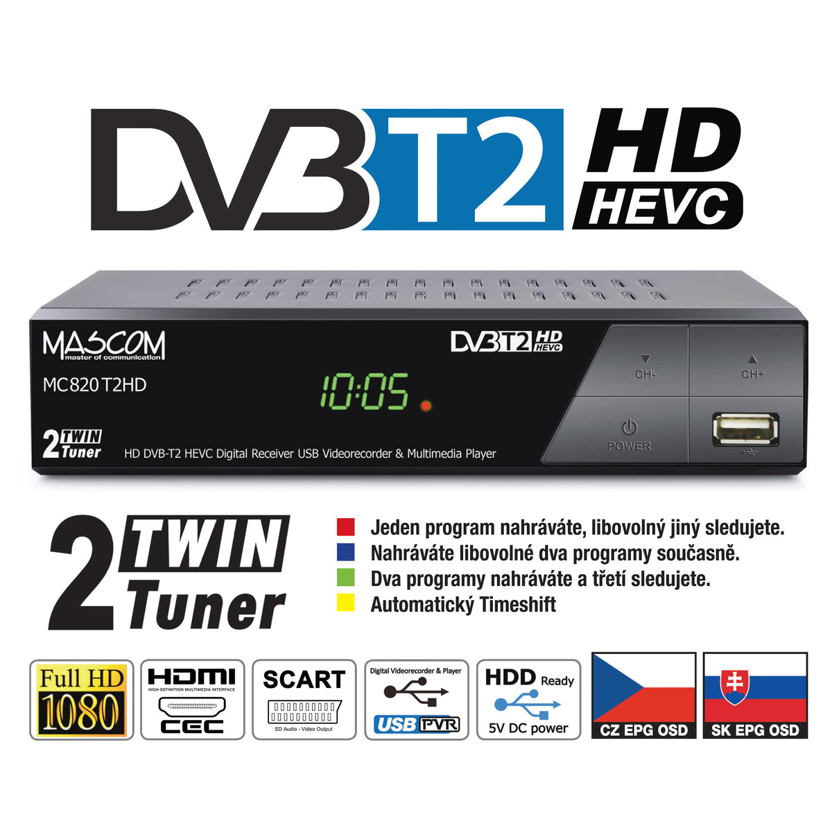 Prijímač pozemného televízneho vysielania DVB-T2 s dvoma tunermi VYBALENÉ