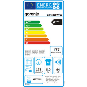 Sušička bielizne Gorenje D2NS83SW/CZ, A+++, 8kg VYBALENÉ