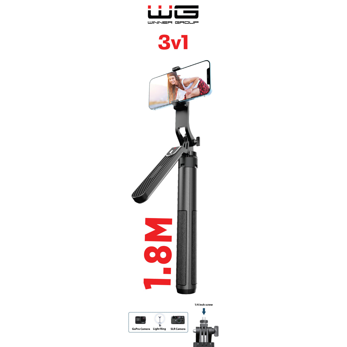 3v1 Selfie tyč/statív/manuálny stabilizátor, až 180cm, Bluetooth