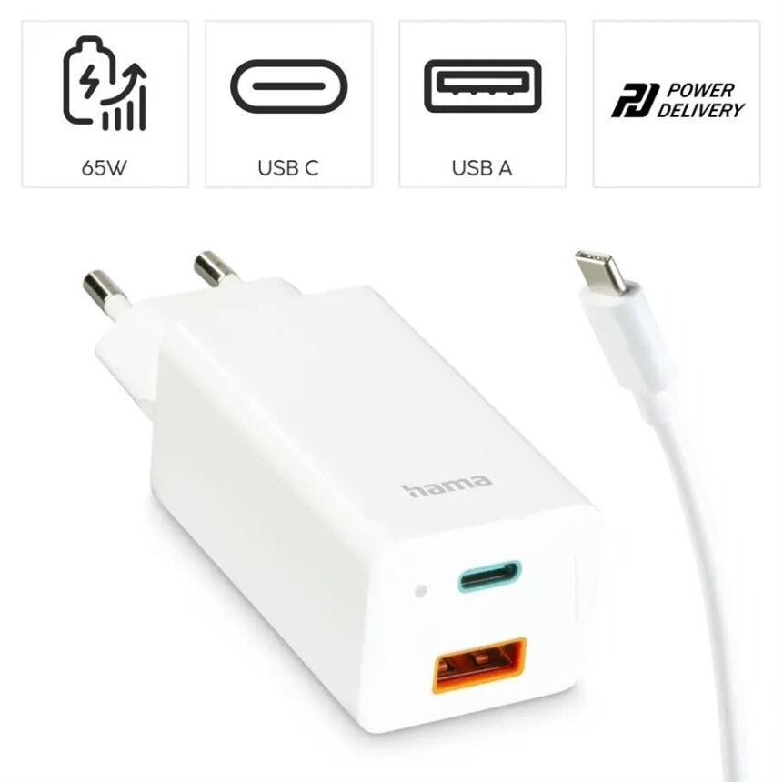 Hama set USB nabíjačka GaN, USB-C/USB-A, PD 65 W, USB-