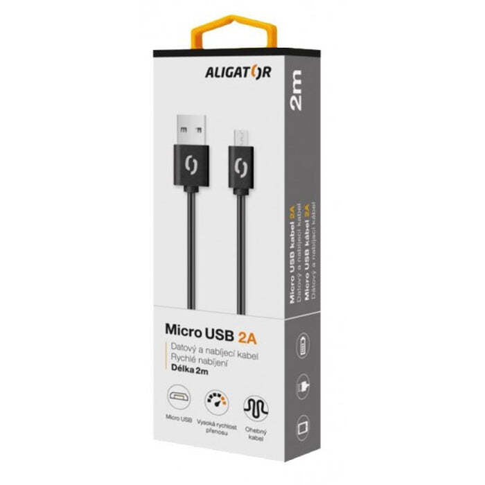 Kábel Aligator Micro USB na USB 2A, 2m, čierna