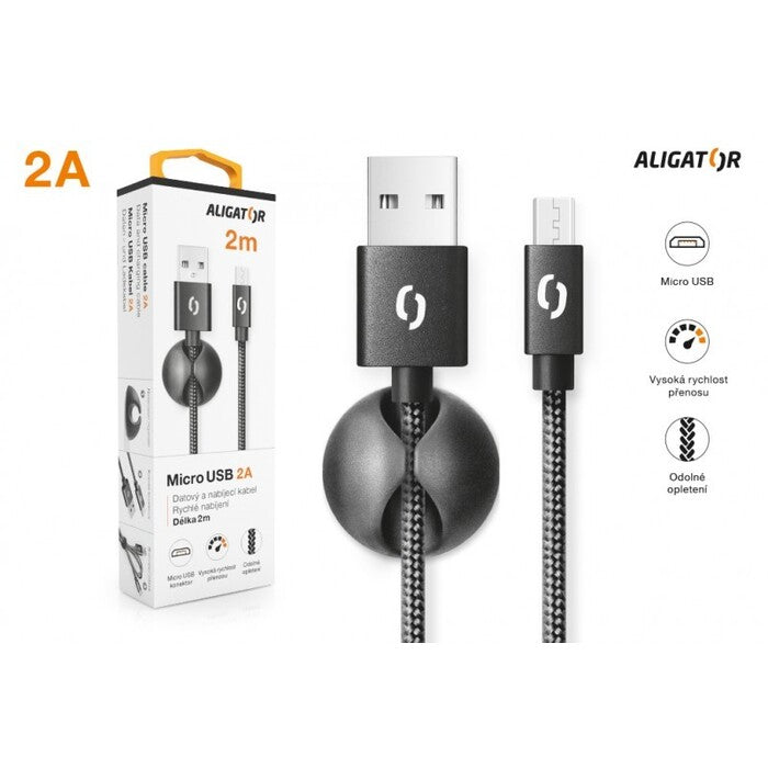 Kábel Aligator Premium 2A, microUSB 2m, čierna