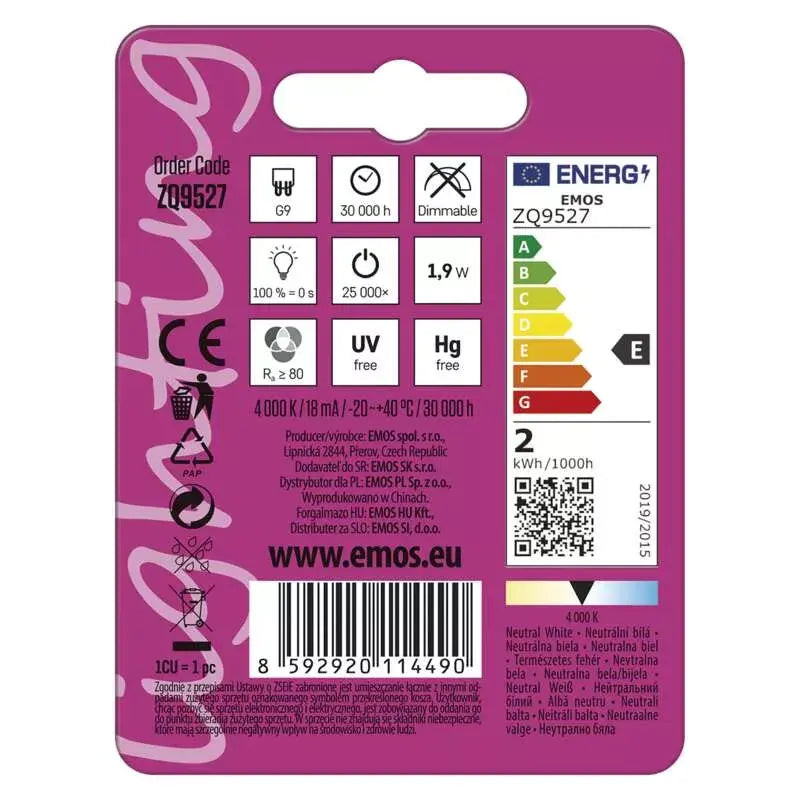 LED žiarovka Emos ZQ9527, G9, 1,9W, neutrálna biela