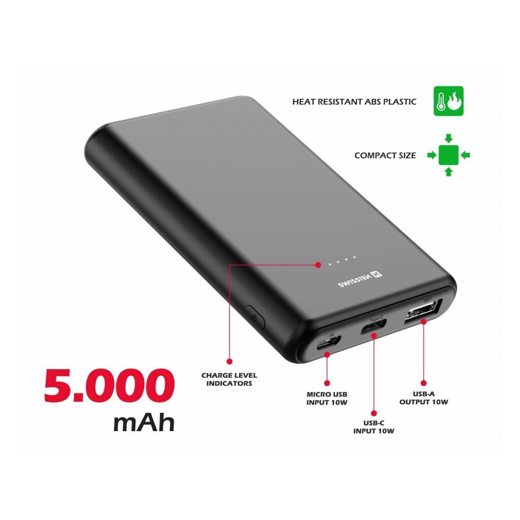 Mini powerbanka Swissten 5000mAh, 10W +kábel Typ C/C