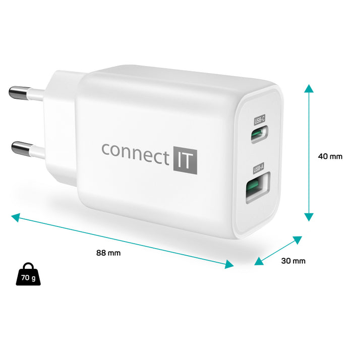Nabíjačka Connect IT Wanderer 2, 33W PD, 1x Typ C+1x USB, biela