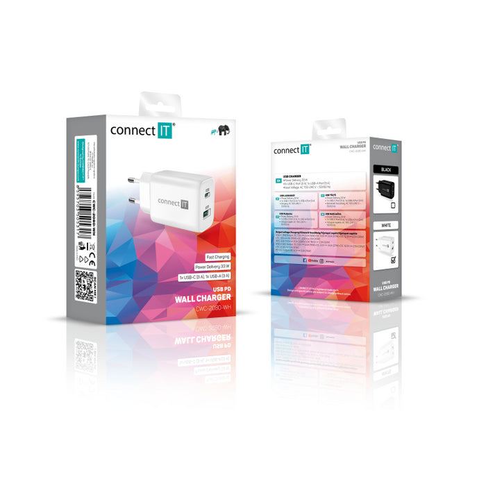 Nabíjačka Connect IT Wanderer 2, 33W PD, 1x Typ C+1x USB, biela