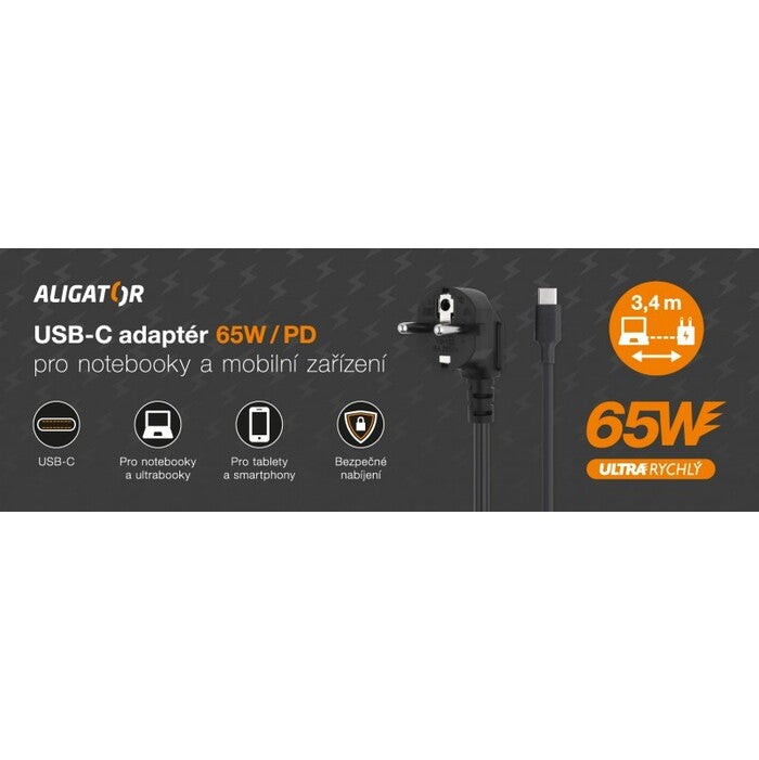 Nabíjačka USB-C pre notebooky 65W ALIGATOR, čierna