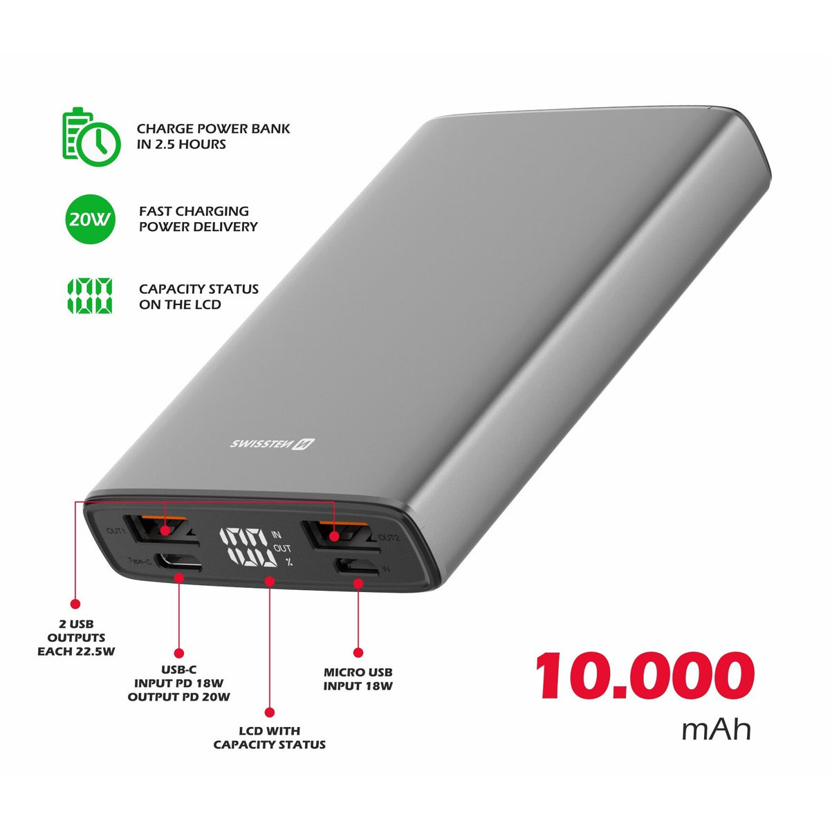 Powerbanka Swissten 10000mAh, PD+QC, 20W, sivá +kábel Typ C/C