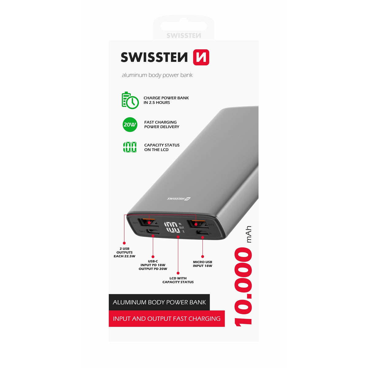 Powerbanka Swissten 10000mAh, PD+QC, 20W, sivá +kábel Typ C/C