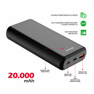 Powerbanka Swissten 20000mAh, PD+QC, 20W +kábel Typ C/C