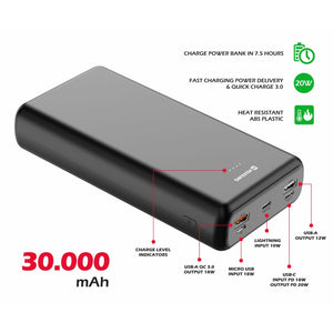 Powerbanka Swissten 30000mAh, PD+QC, 20W +kábel Typ C/C