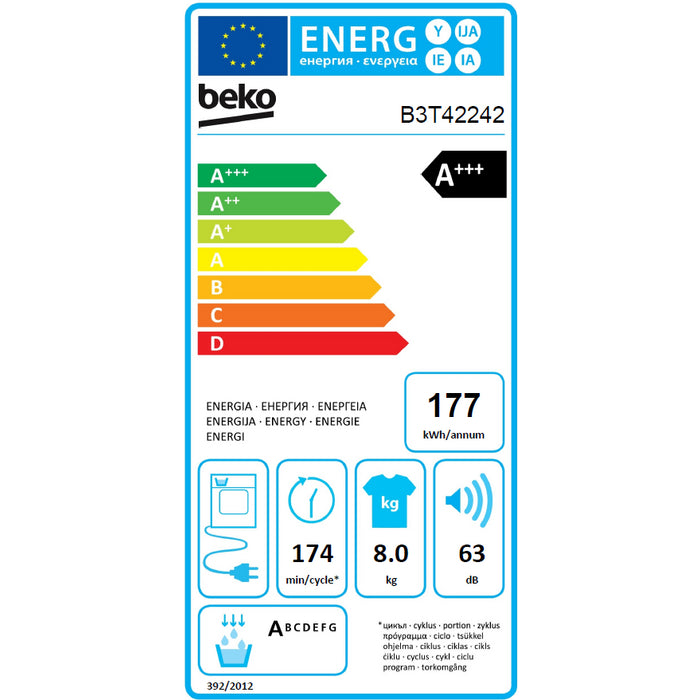 Sušička bielizne Beko B3T42242, A+++, 8 kg