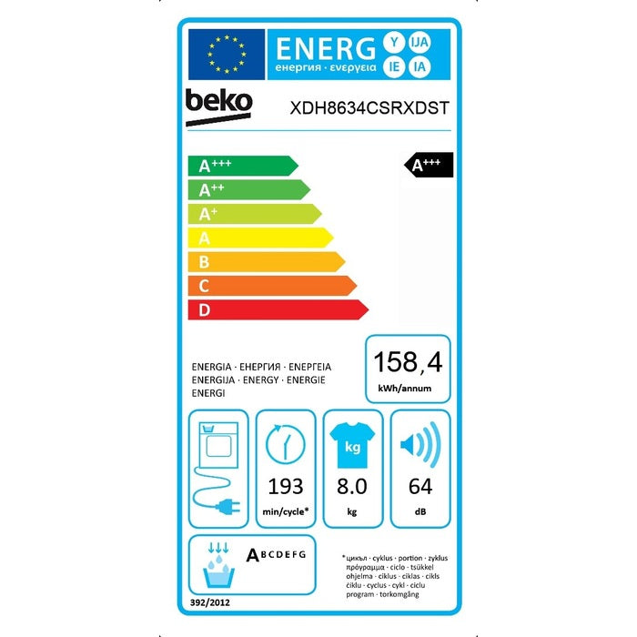 Sušička bielizne Beko XDH8634CSRXDST, A+++, 8 kg