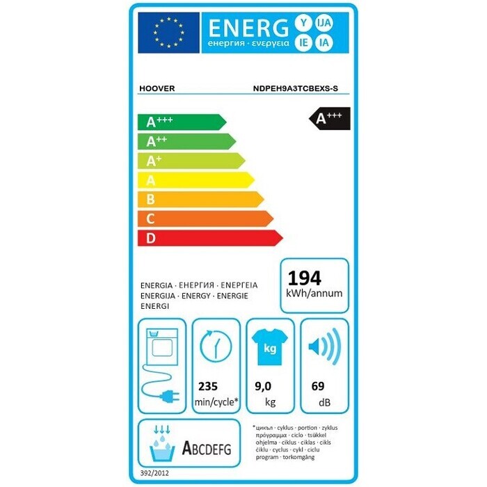 Sušička bielizne Hoover NDPEH9A3TCBEXS-S, A+++, 9kg